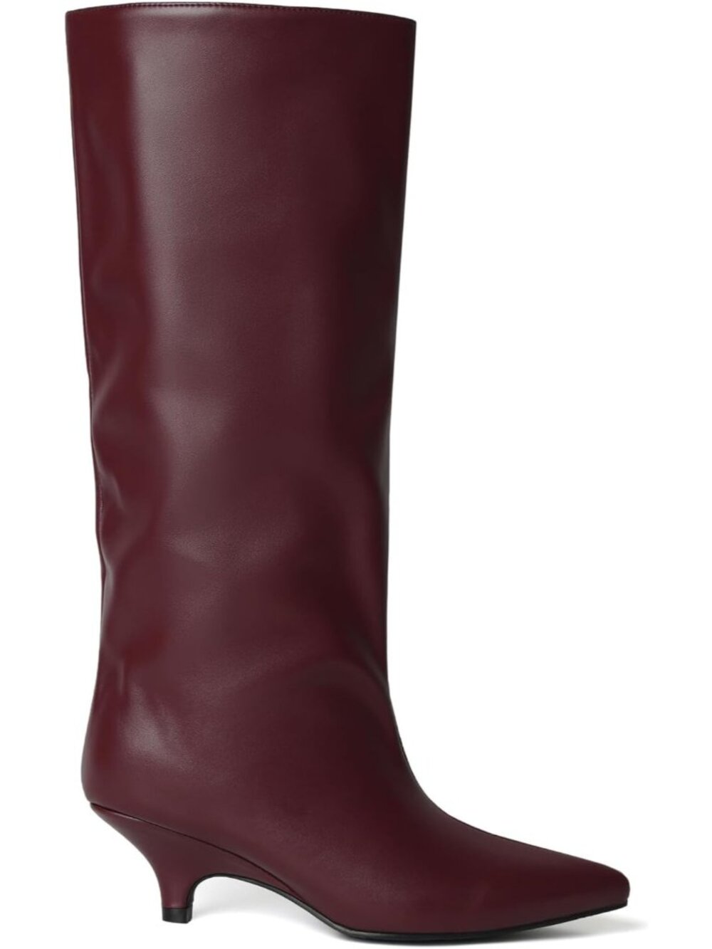 Women Burgundy Faux Leather Pointed-Toe Wide Calf Low Kitten Knee-High Boot - Picture 5 of 5